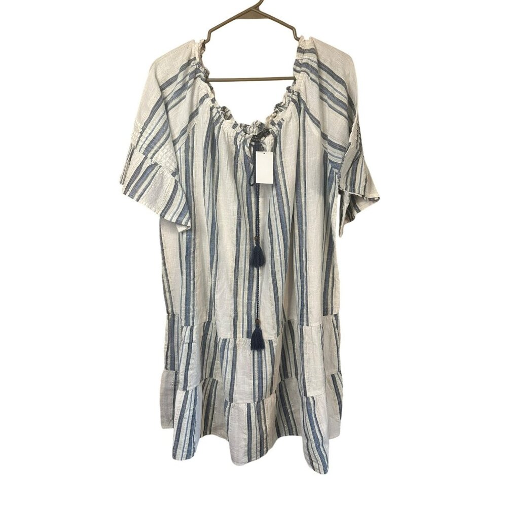 Mlle Gabrielle Women's 3X Boho Striped Summer Dress - White Blue Gray Tassel Tie